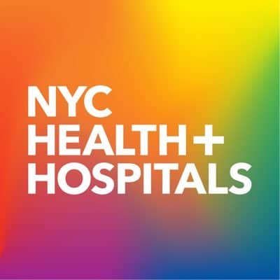 Modern healthcare branding for NYC Health + Hospitals with vibrant, colorful background.
