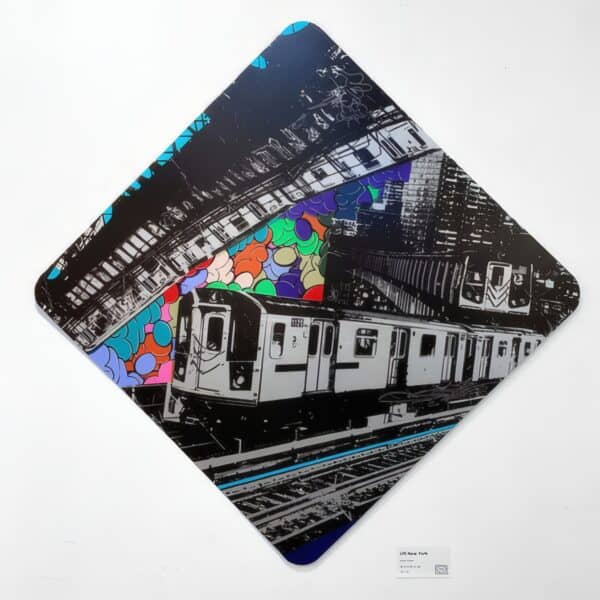 Vivid street art of a subway train with colorful balloons on a black-and-white cityscape background.