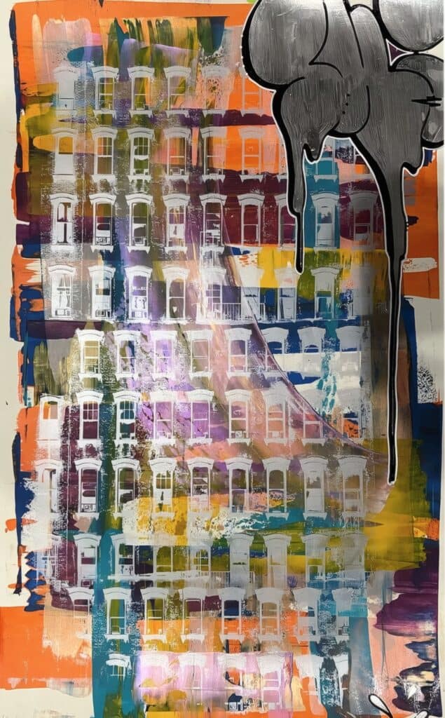 Colorful urban street art mural featuring an abstract building design with vibrant splashes of paint and a graffiti-style creature.